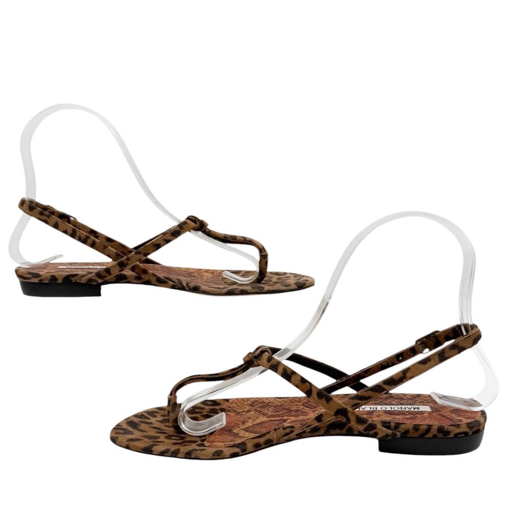 Manolo Blahnik Hata Thong Slingback Flat Sandals in Suede Leopard EU 37 US 7 - Picture 5 of 12